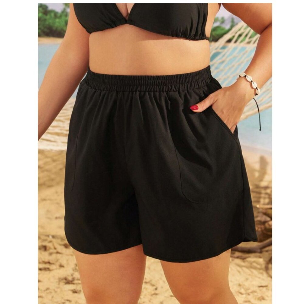 Women's Plus Size Slant Pocket Elastic-Waist Black Swim Shorts Size 2X (16)